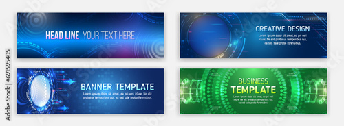 Futuristic digital communication background. Blue Technology cover. Modern hi tech horizontal banner templates. Abstract banner on the theme of data protection, cyber security, science, data array.