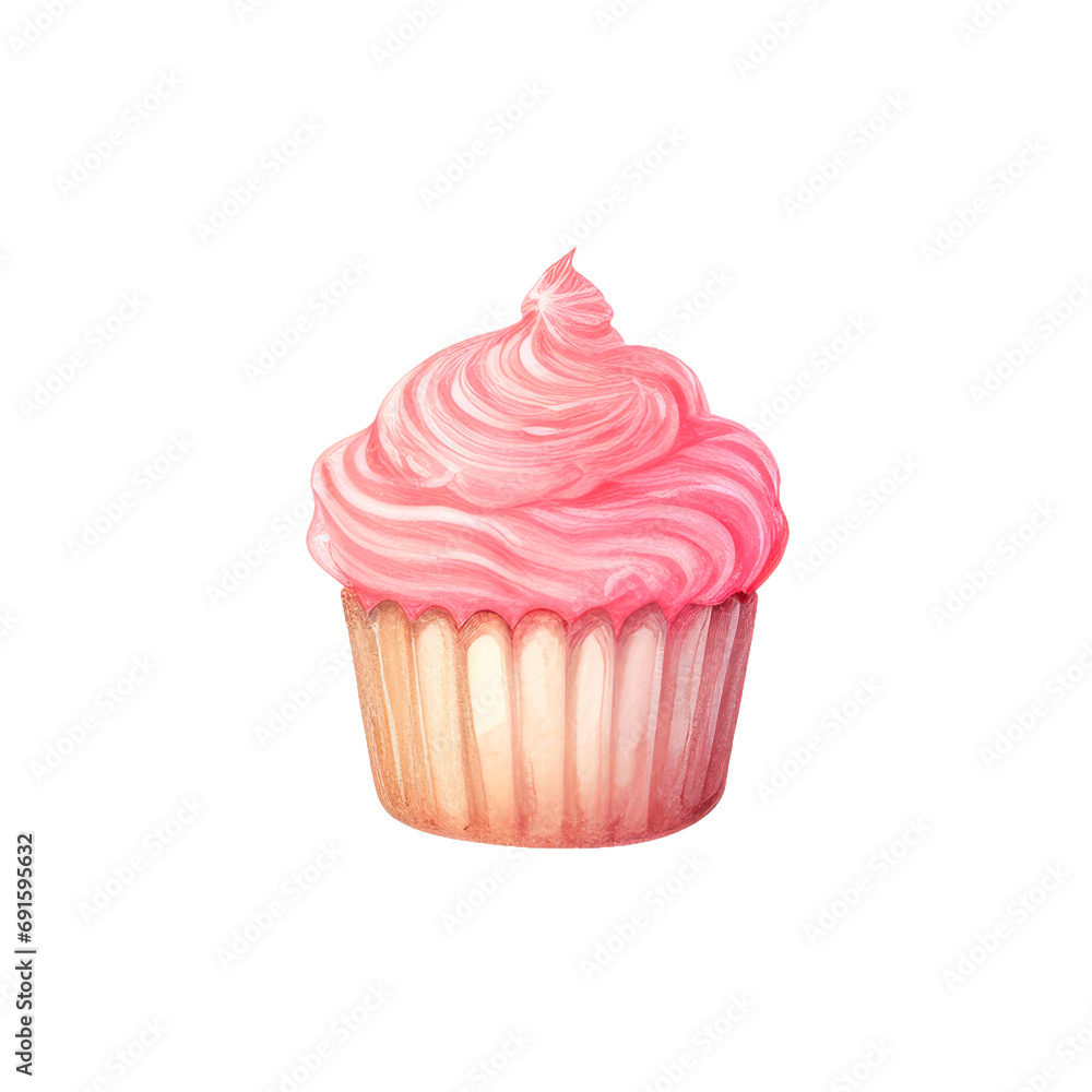Watercolor cupcake with fluffy pink cream, delicious dessert pie for decoration of food designs and birthdays, sweet treats, isolated on white background. Watercolor cupcake with fluffy pink cream, delicious dessert pie for decoration of food designs and birthdays, sweet treats, isolated on white background.