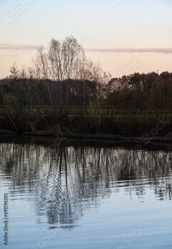 Bare trees reflecting in the calm water of the canal at dusk, Grimbergen, Belgium photo