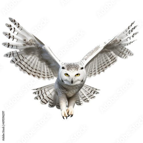 a Snowy Owl in-flight, in a front view, isolated and transparent PNG in a Nature-themed, photorealistic illustration. Generative ai