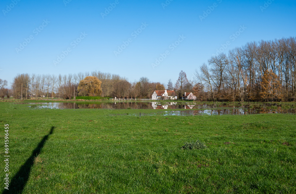 Obraz premium Flooded meadows with houses reflecting in the water, Imde, Belgium