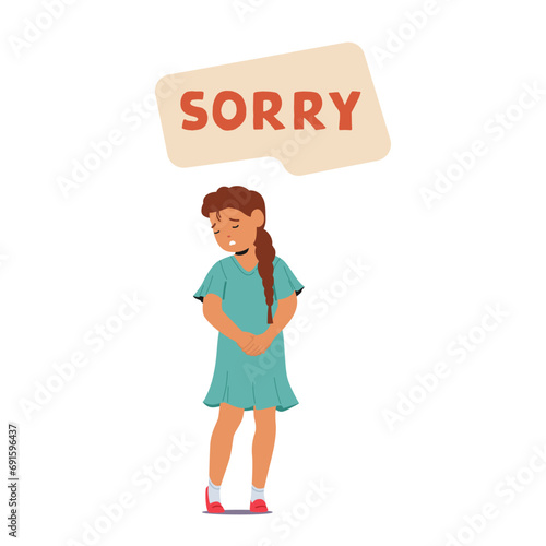 Child Humbly Apologizes With Remorseful Eyes And Sincere Tone. Little Girl Character Saying Sorry For The Mistake