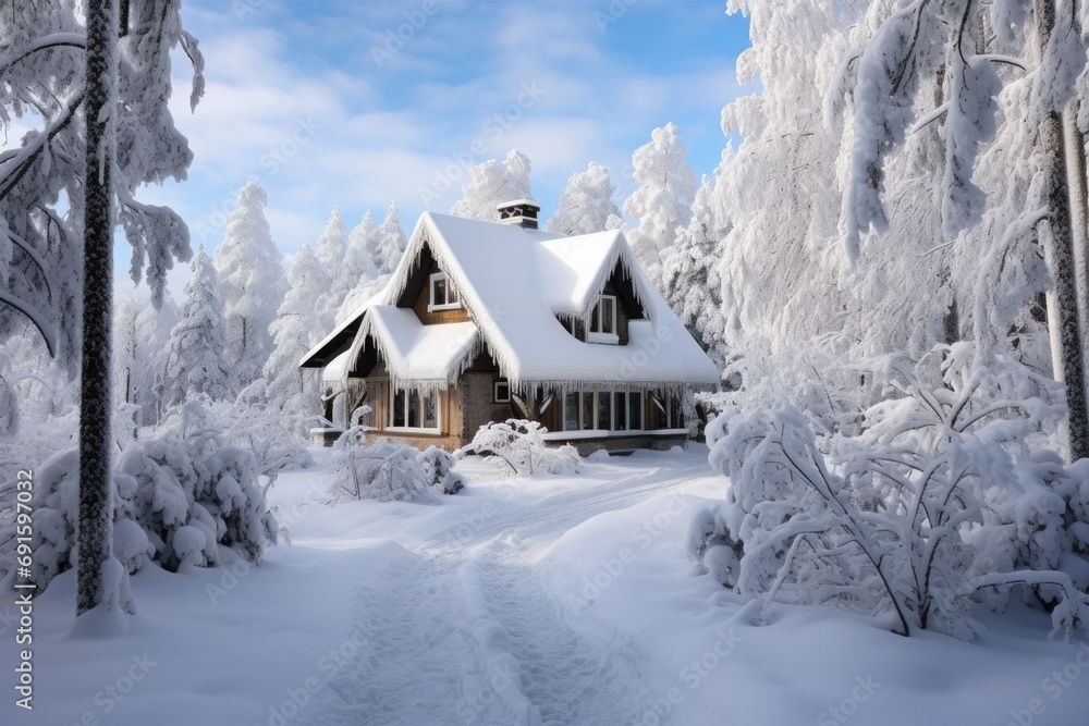 Wooden house in a fabulous snowy forest