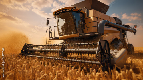 Combain is collecting on the wheat crop. Agricultural machinery in the field. Grain harvest.