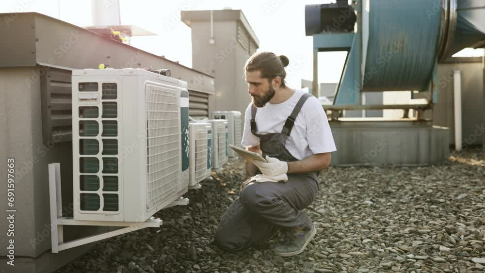 Serious repairman with braided hair crouching by air conditioner and looking at modern tablet screen outdoor. Caucasian skilled male working with gadget and searching for information on roof of plant.