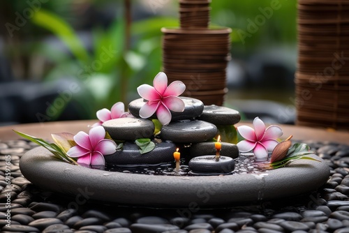 Plumeria Flowers In Japanese Fountain With Massage Stones