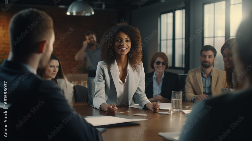A businesswoman engaged in conversation with colleagues while seated at the conference table. - obrazy, fototapety, plakaty 