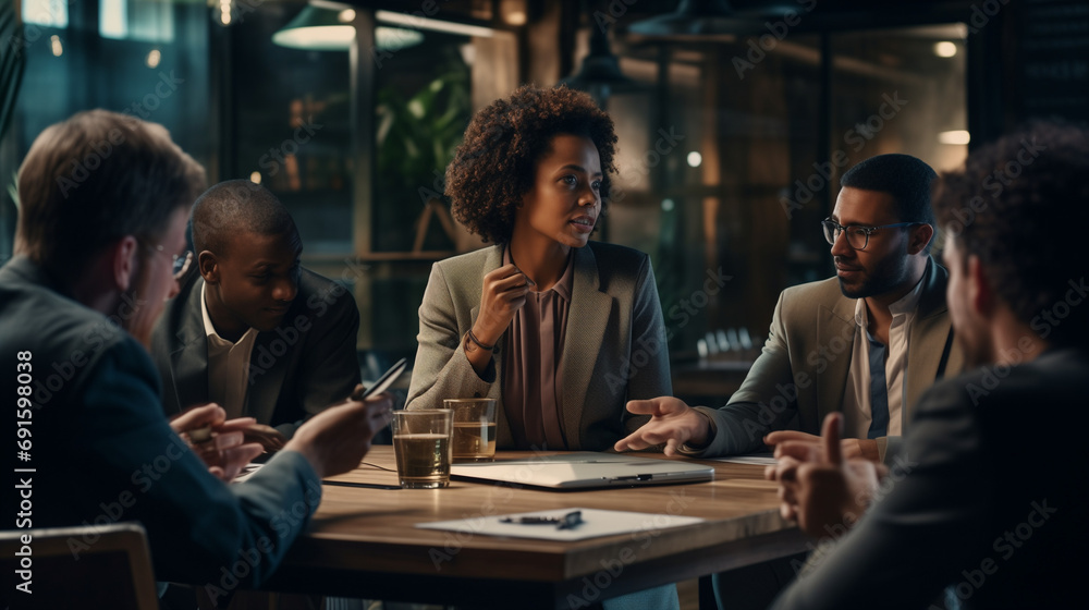 A businesswoman engaged in conversation with colleagues while seated at the conference table. A businesswoman engaged in conversation with colleagues while seated at the conference table.