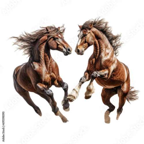  two horses  frolicking  rearing  full body in a 3 4 side view PNG  in a  playful animal-themed  isolated  and transparent photorealistic illustration. Generative ai