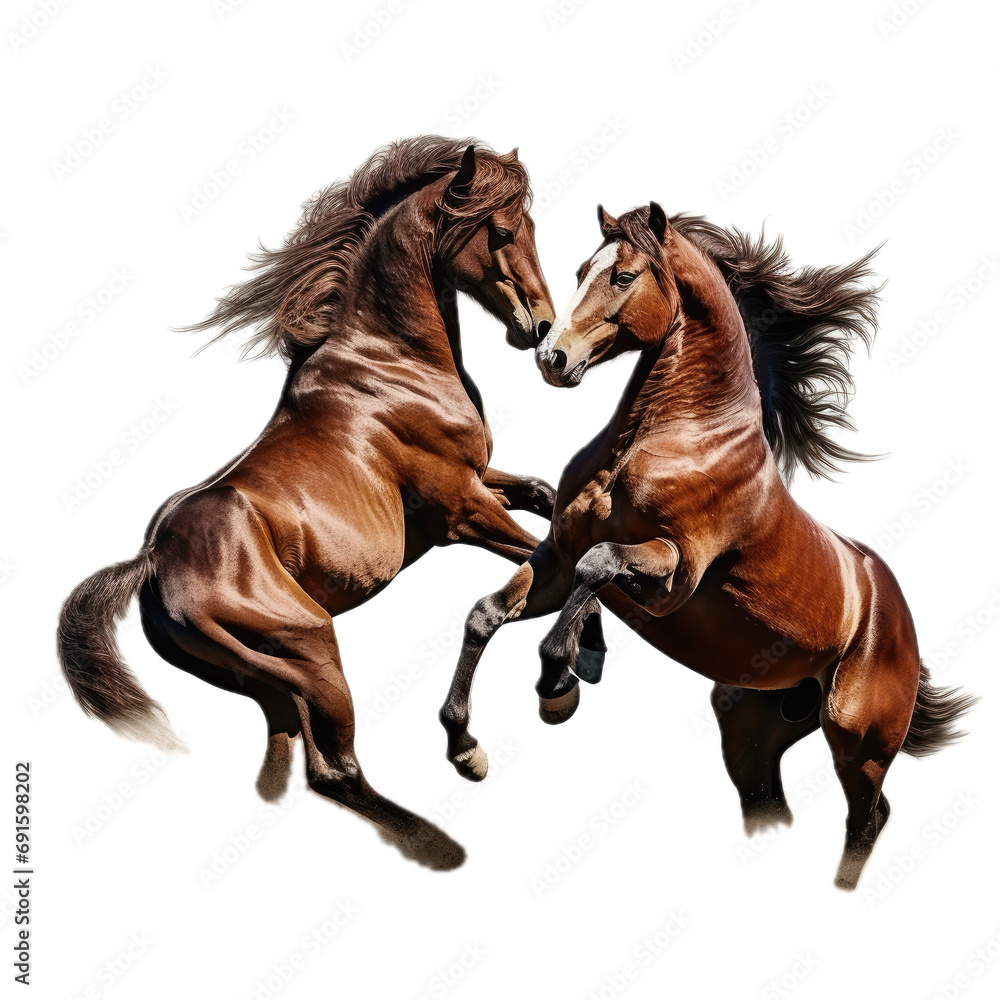 Obraz premium two horses frolicking, rearing, full body in a 3/4 side view PNG, in a playful animal-themed, isolated, and transparent photorealistic illustration. Generative ai