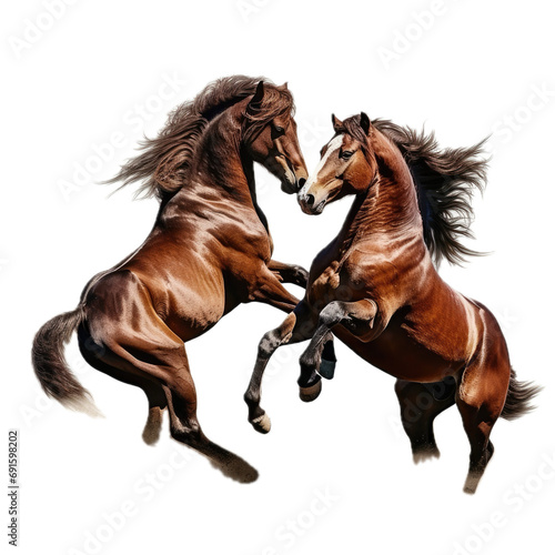  two horses  frolicking  rearing  full body in a 3 4 side view PNG  in a  playful animal-themed  isolated  and transparent photorealistic illustration. Generative ai