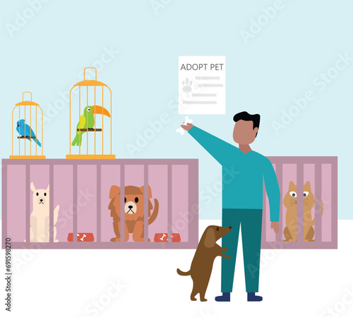 Human adopting pets and fostering. Pet adoption concept. flat vector illustration.