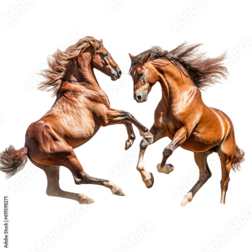  two horses frolicking, rearing, full body in a 3/4 side view PNG, in a playful animal-themed, isolated, and transparent photorealistic illustration. Generative ai