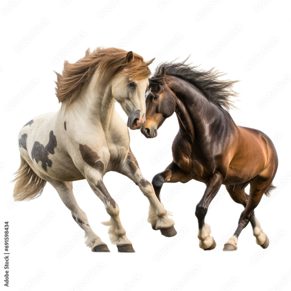 two horses/wild mustangs, sparing, in a 3/4/side view, PNG, isolated and transparent Ranch-themed, photorealistic illustration. Generative ai two horses/wild mustangs, sparing, in a 3/4/side view, PNG, isolated and transparent Ranch-themed, photorealistic illustration. Generative ai