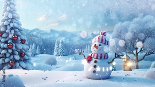 Animated Christmas concept decorations with a snowman with tree in white snow surrounded by snowfall. Cartoon style. seamless looping time lapse video 4k animation background. photo