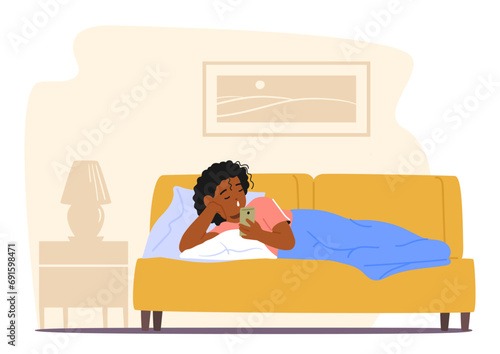 Child Character Engrossed In Smartphone, Cocooned In Bed, Bathed In The Glow Of The Screen, Captivated By Digital World