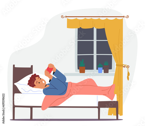 In The Night, Child Engrossed In A Smartphone Lies In Bed, Little Boy Character With Focused Face Looking On Screen