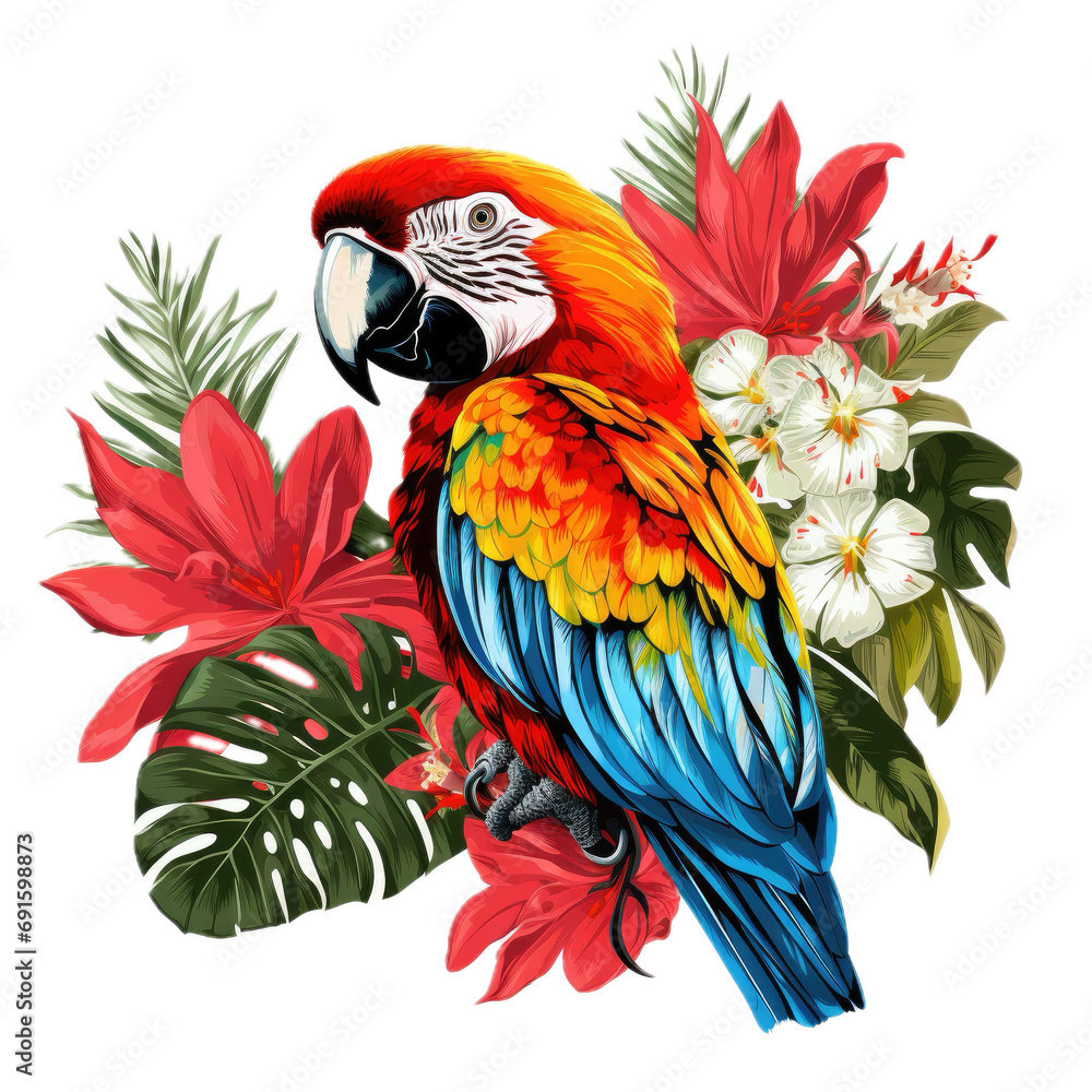 Obraz premium a retro Scarlet/Rainbow Macaw with tropical flowers, 3/4 side view, in a PNG, for surf apparel/products, Tropical-themed, isolated, and transparent photorealistic illustration. Generative ai