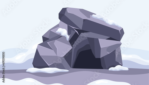 Frozen cave with ice, snow cartoon vector illustration.