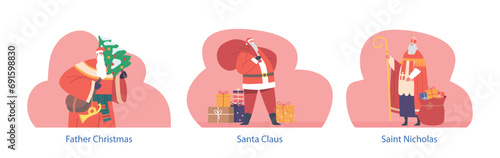 Isolated Vector Elements With Cartoon Santa Claus, Father Christmas and Saint Nicholas Character in Traditional Costumes photo