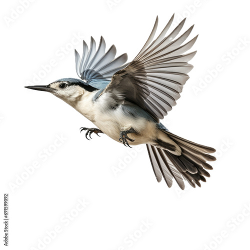  White-breasted Nuthatch in-flight in a side view, isolated and transparent PNG in a Nature-themed, photorealistic illustration. Generative ai © Purple Penguin GFX