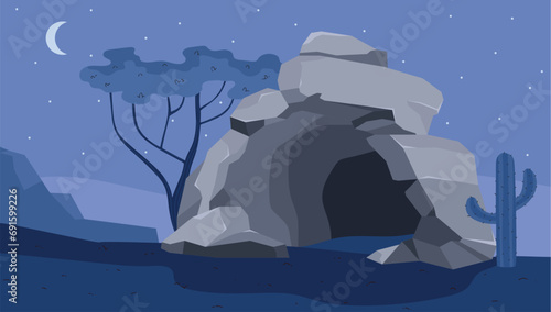 Cave in a desert at night. Vector illustration in cartoon flat style.