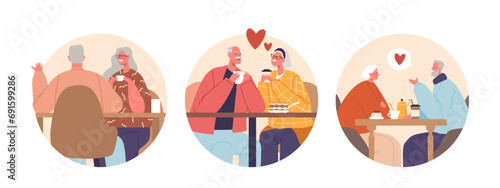 Isolated Vector Round Icons with Cartoon Elderly Couple Characters Sip Coffee In Cozy Cafe, Sharing Smiles Holding Hands