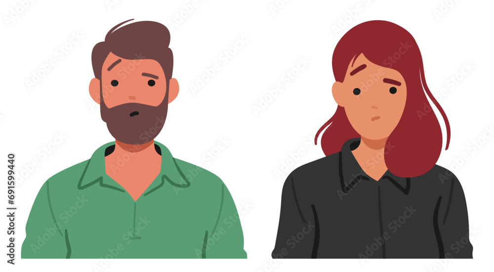 Man and Woman Faces Contorted In Bewilderment, Eyebrows Furrowed, And Lips Slightly Curved. Eyes Reflect Uncertainty Man and Woman Faces Contorted In Bewilderment, Eyebrows Furrowed, And Lips Slightly Curved. Eyes Reflect Uncertainty