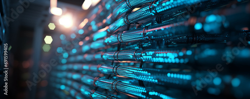 Web banner of glowing data cables transferring information  inside computer  server photo