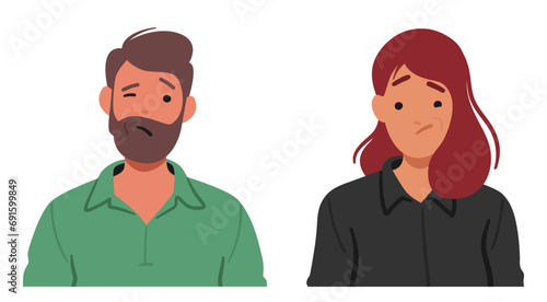 Man And Woman With Furrowed Brows And Downturned Lips Reveal A Deep Dissatisfaction, Male And Female Characters