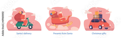 Isolated Vector Elements with Cartoon Santa Claus Deliver Gifts on Different Transport Modes. Father Noel Character