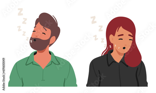 Man And Woman Faces Display A Sleepy Emotion, Accentuated By Gentle Zzz, Conveying Tranquil Rest, Vector Illustration photo