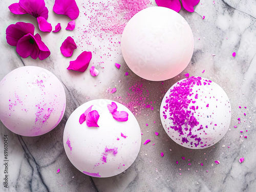 Pile of colorful bath bombs on white background, closeup. Scope bath. Generative AI photo