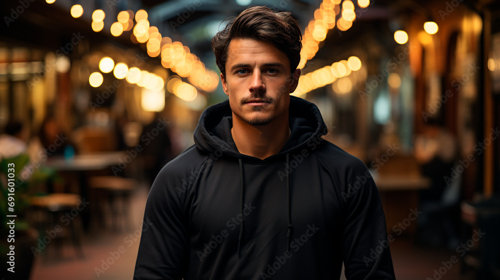 Fototapeta premium atractivo hombre deportista que luce con confianza una sudadera negra en blanco con capucha y bolsillo canguro.