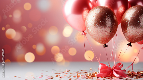 Elegante rosa metálico y globos de oro con confeti. Día de San Valentín, fondo romántico.