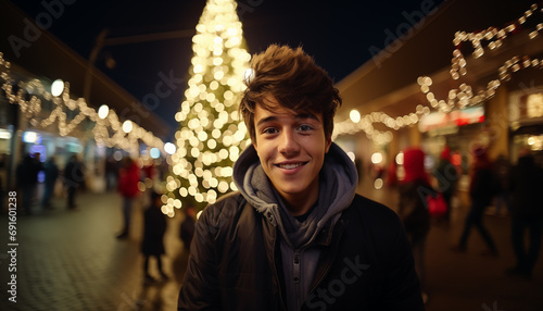young man takes a selfie against the background of a Christmas tree. happy guy spend time on winter holidays.