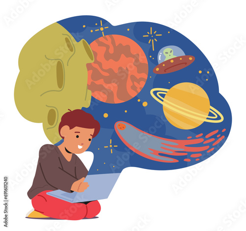 Curious Kid Boy Sits Engrossed With Laptop, Exploring A Virtual Learning Space Filled With Educational Wonders