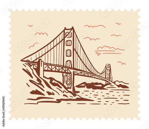Golden Gate Bridge across the strait. San Francisco. Vector illustration on a postage stamp