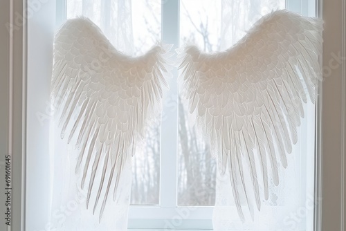 Wings with white feathers. Two beautiful objects hanging closed window. Generate AI