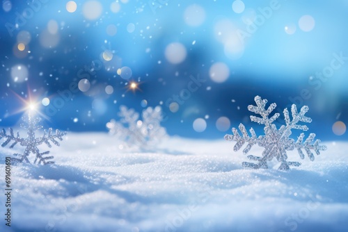 Snowflakes On Snow With Bokeh Of Christmas Lights 