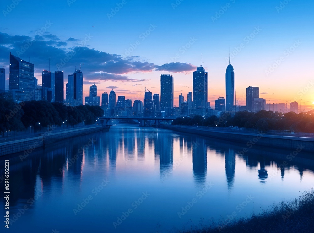 Beautiful blue hour and lovely sunrise over the city