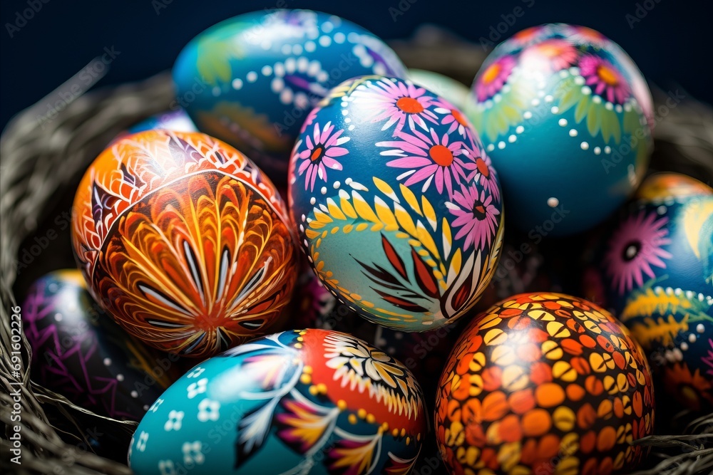A colorful collection of Easter eggs, each hand-painted with precision and care, representing a storied cultural tradition A colorful collection of Easter eggs, each hand-painted with precision and care, representing a storied cultural tradition