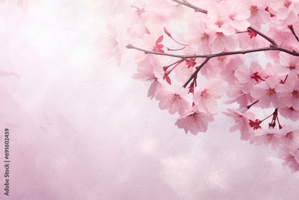 Spring banner, Pink sakura flowers, cherry blossom, dreamy romantic image spring, landscape panorama, copy space. branches of blossoming cherry against background of Thunder Sky