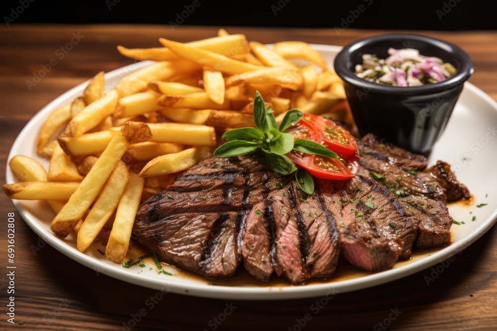steak dish with a side of crispy fries