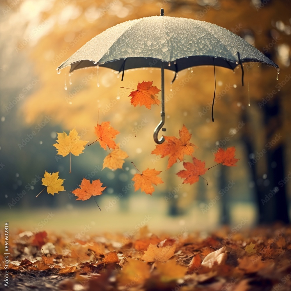 Generative AI Falling maple leaves umbrella containing maple leaf pictures