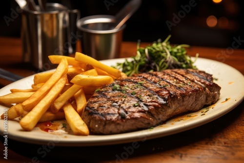 steak dish with a side of crispy fries photo