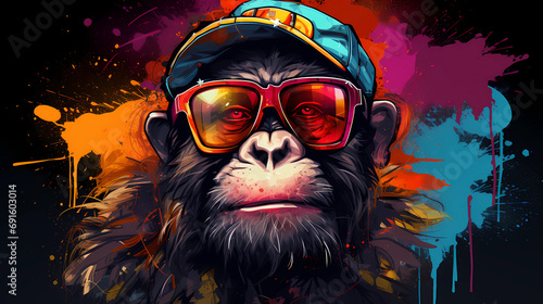 Chimpanzee in sunglasses, bright image in graffiti style. photo