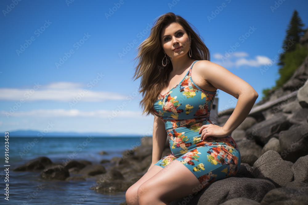 Confident Plus-Size Woman in Bikini Enjoying Beachside Serenity