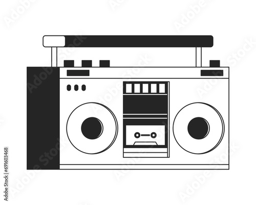 1980s cassette boombox black and white 2D line cartoon object. Tape audio electronics isolated vector outline item. Music equipment. 80s boom box entertainment monochromatic flat spot illustration