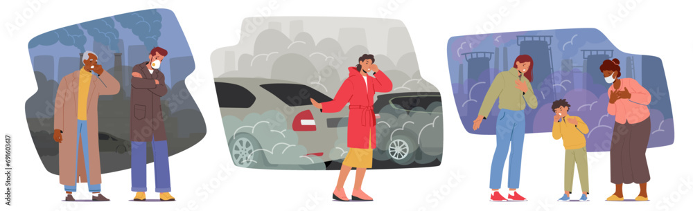 Characters In Gloomy Cityscape Wear Protective Masks, Their Faces Reflecting Sadness Amid Thick Air Pollution Characters In Gloomy Cityscape Wear Protective Masks, Their Faces Reflecting Sadness Amid Thick Air Pollution